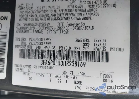 2017 Ford Fusion Hybrid Se z USA, uszkodzony, nr VIN 3FA6P0LU3HR238169